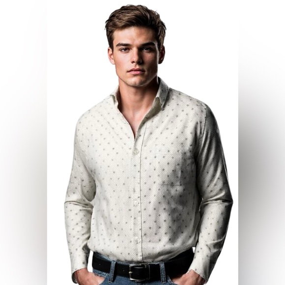 SAMSOE SAMSOE Ivory & Gray LIAM BF Button Down LS Cotton Shirt in Greydot Sz M - Picture 2 of 13